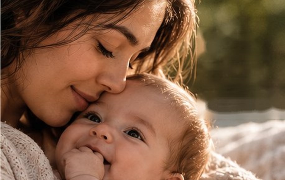 Mamá abrazando a su bebé sonriente