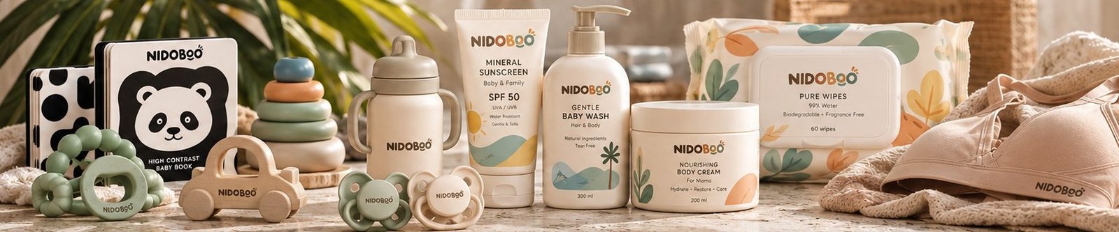 Productos NIDOBOO: protector solar, jabón para bebé, crema, toallitas, juguetes y chupetas